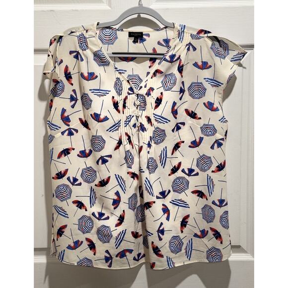 Talbots Pleated Button Up Flutter Sleeve Blouse Size XLP Umbrella Print Cream - Picture 1 of 6